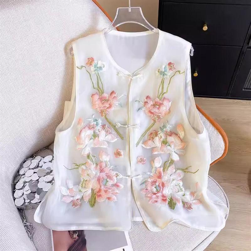 

Белый пион вышитый жилет женский летний высококачественный органза жилет на пуговицах топ 3XL (138-75kg recommended)