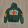 Mens Oversized Hooded Zip-Up Sweatshirt With Star Print Loose Fit Casual Long Sleeve Top