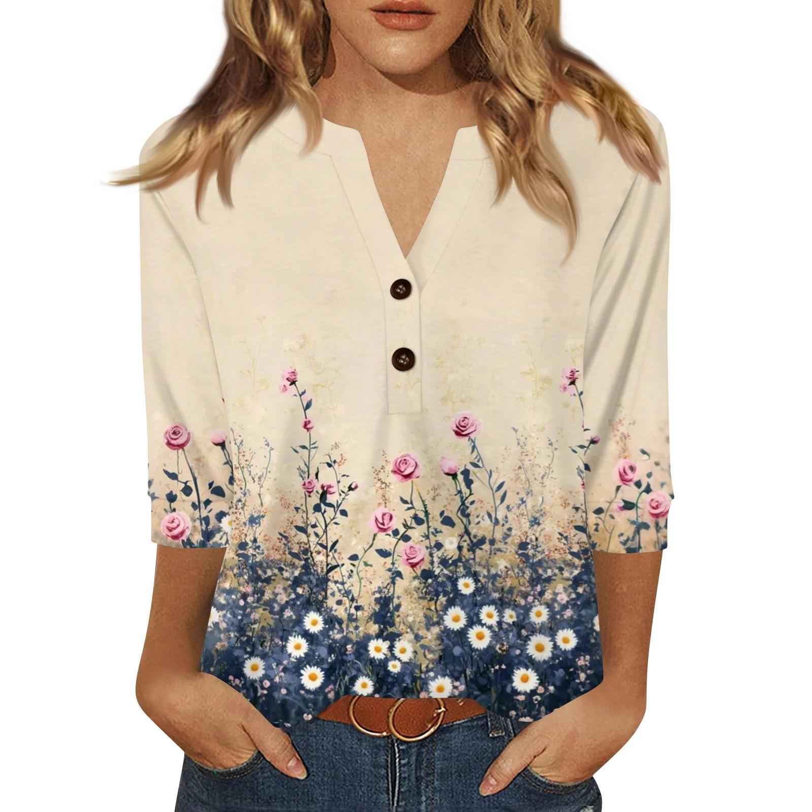 

Жен. Футболка С принтом Пуговицы Рукав 3/4 Повседневные Выходные Мода Классический Классический V-образный вырез Обычный Верх XXL хаки