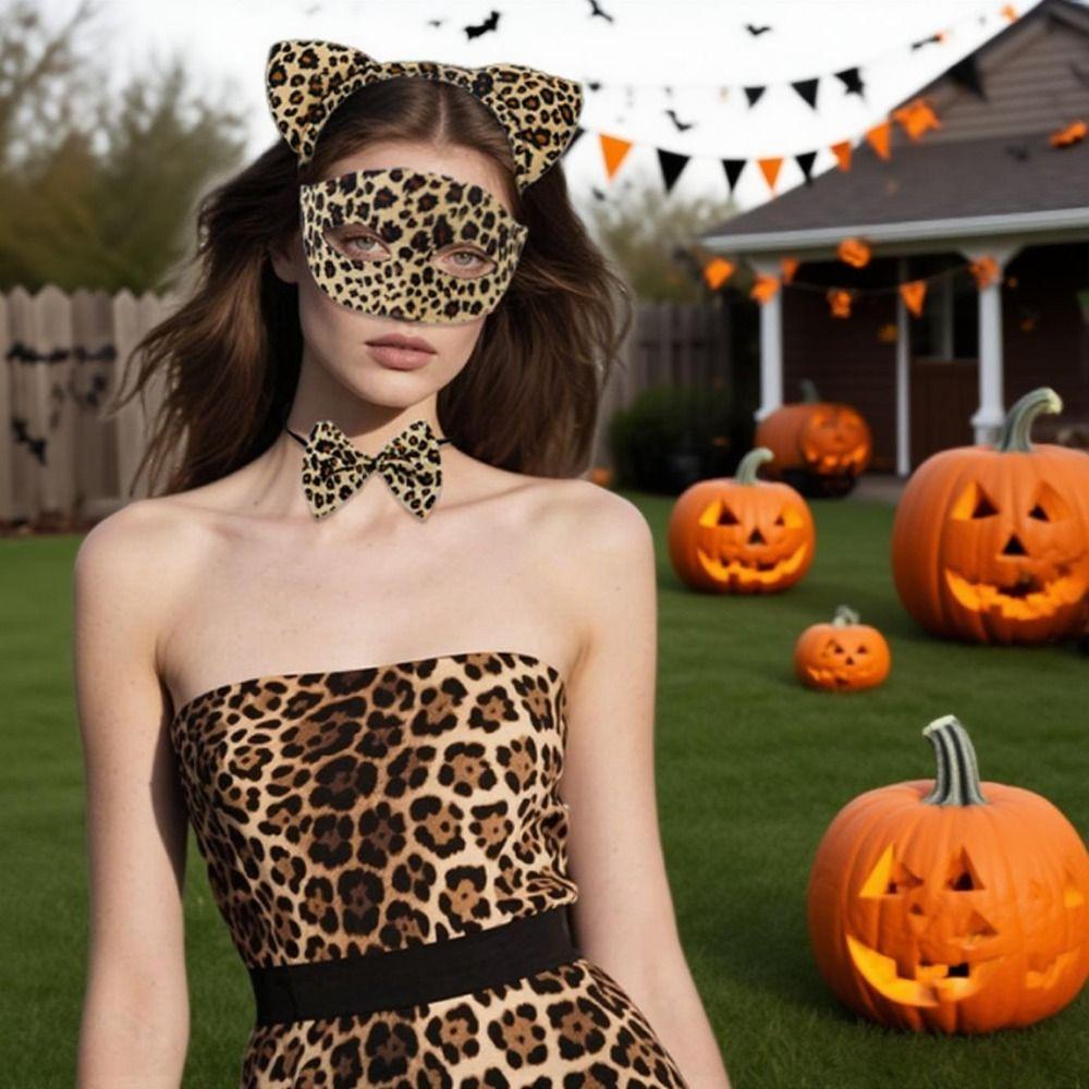 3 Stück/Set Leoparden-Katzenmädchen Kostüm Zubehör Sexy Mode Halbgesichtsmaske Halloween Dekoration Kreative Augenmaske Cosplay Requisiten