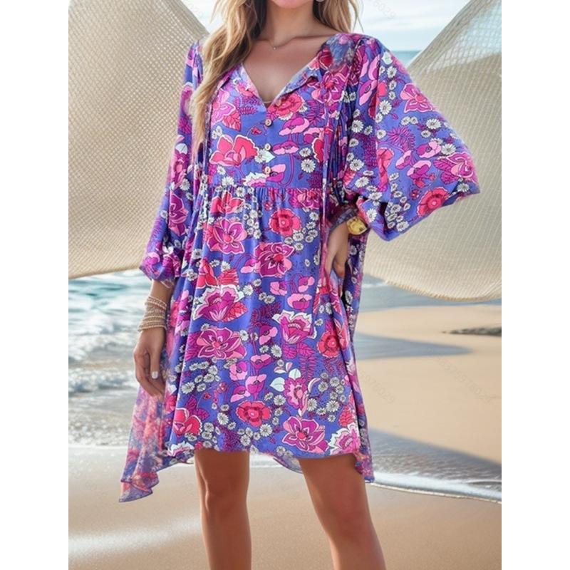 YYFS Women's Fashion Summer Spring Flower Pattern Print Long Sleeve V-Neck Loose Waistline Casual Dresses