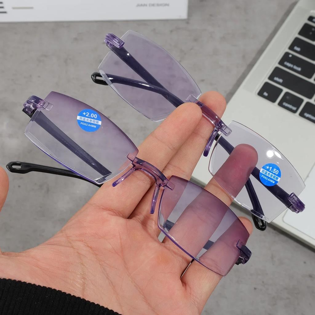 2Pairs Men Women Rimless Reading Glasses Anti Blue Light Bifocal Far Near Magnification Eyewear Presbyopic Glasses +100 +400