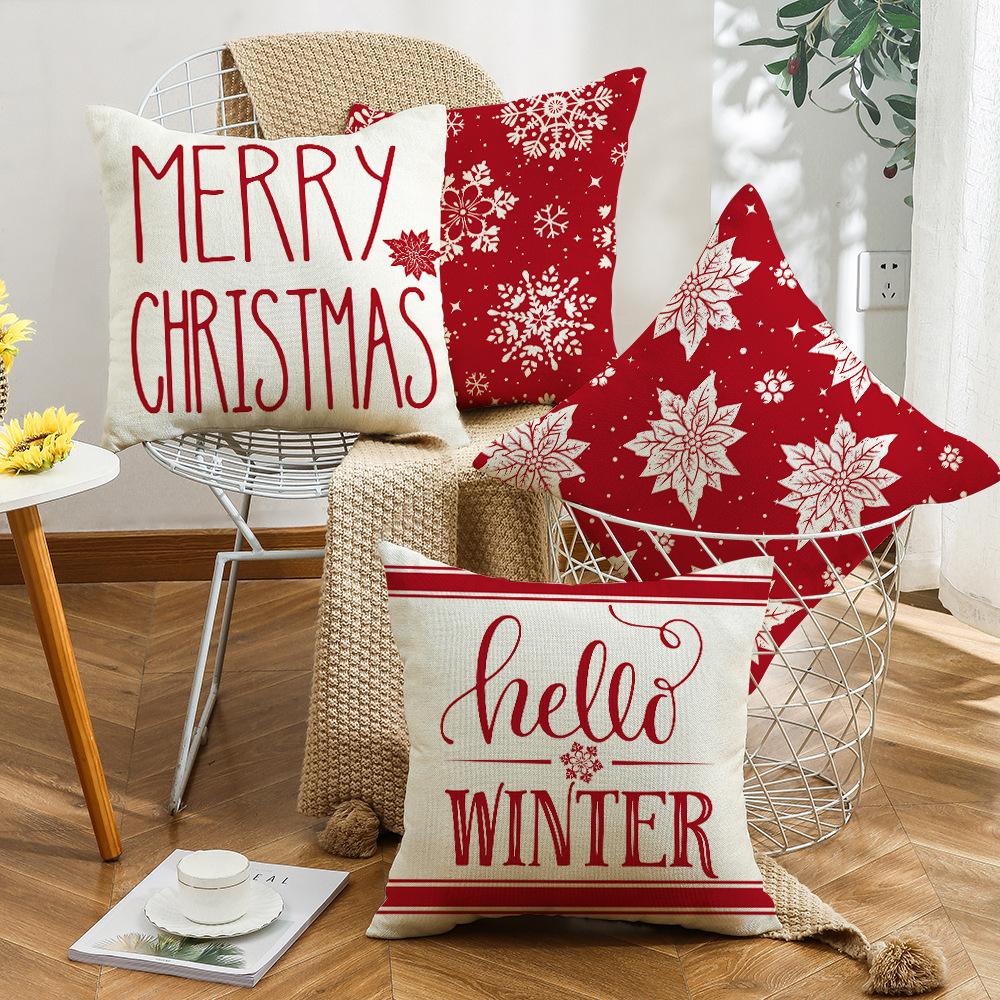 Red Festive Snowflake Element Letters Digitally Printed Linen Material Home Decoration Sofa Pillow Cover