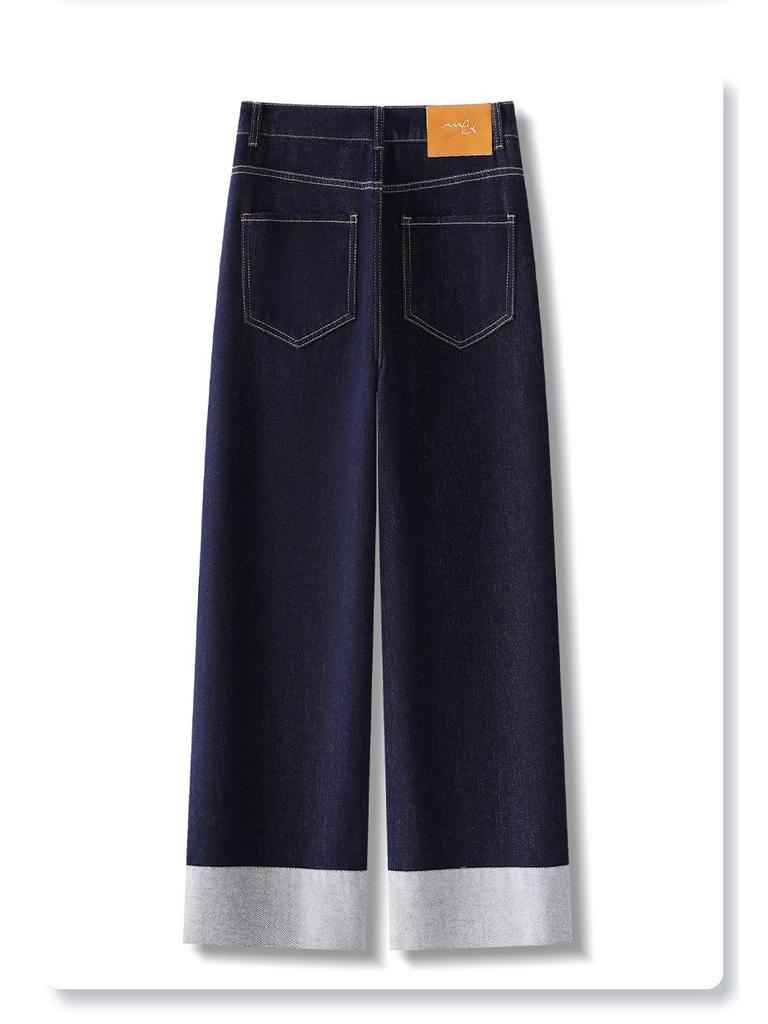 Women's Dark Blue High-Waisted Straight-Leg Jeans with Turn-Up Cuffs - New 2025 Spring/Autumn Slim Fit and Loose Wide-Leg Style