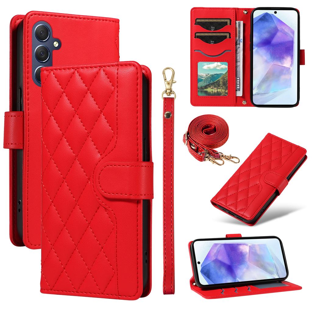 For Samsung Galaxy A55 5G Case Wallet Rhombus Leather Phone Cover with Shoulder Strap,Wrist Strap