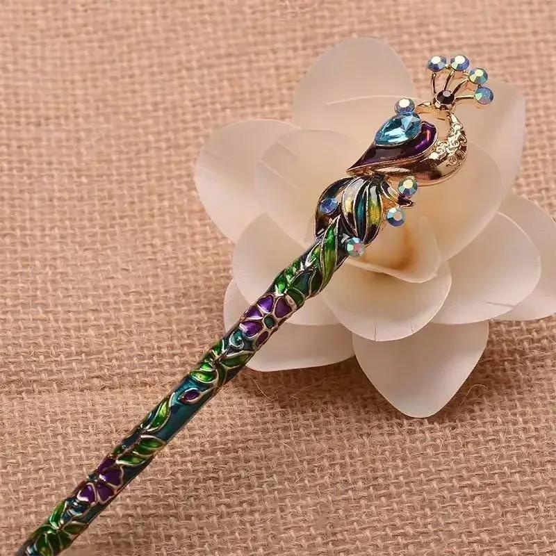 Hair Decoration Accessories Chinese Crystal Peacock Hairpin Retro Enamel Cloisonn Handmade Jewelry Travel Accessories Gifts