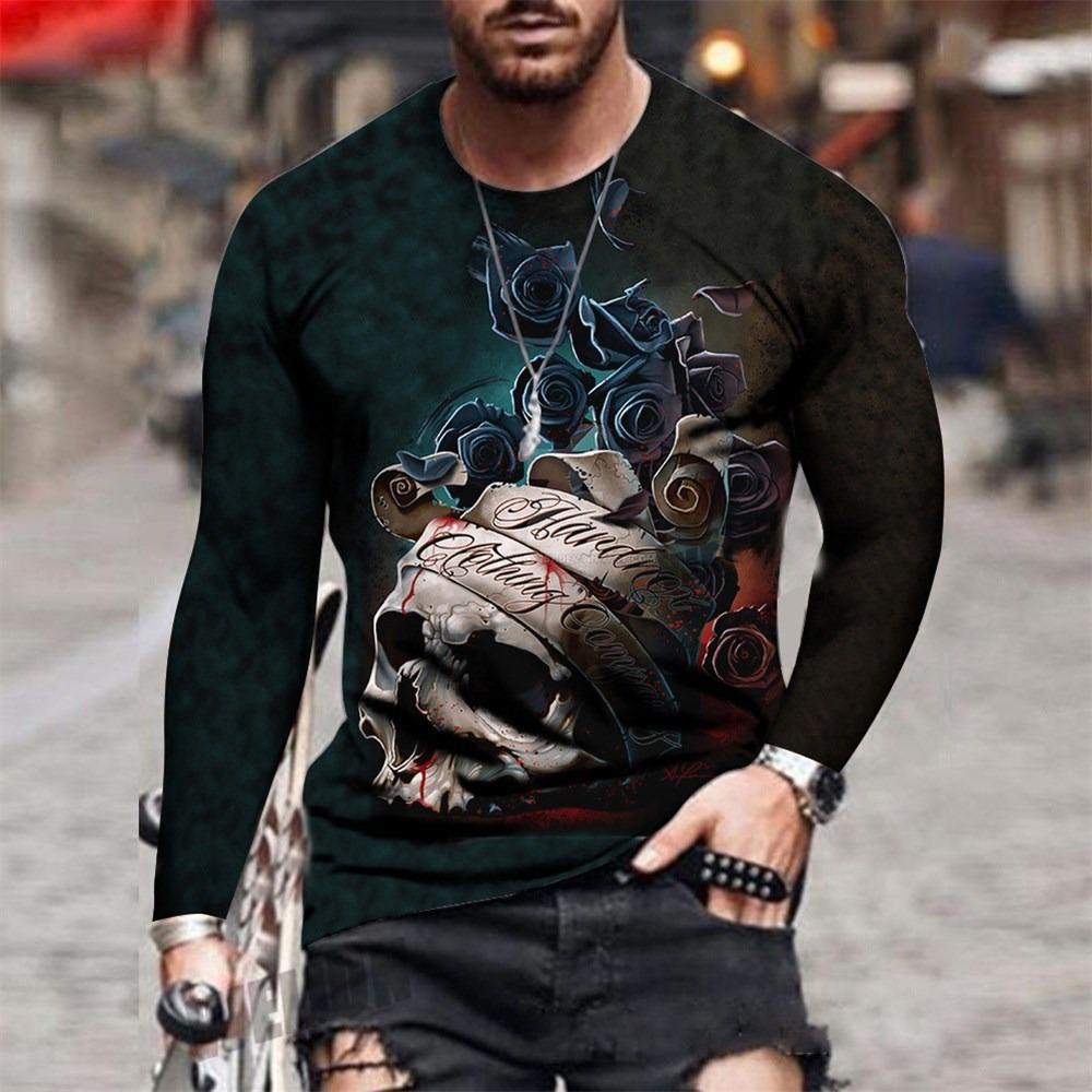 O-Neck Long Sleeve Plus Size T-shirt Men's Clothing Retro Men's Long Sleeve T-shirt 3D Printing Skull Long T-shirt Men's Street