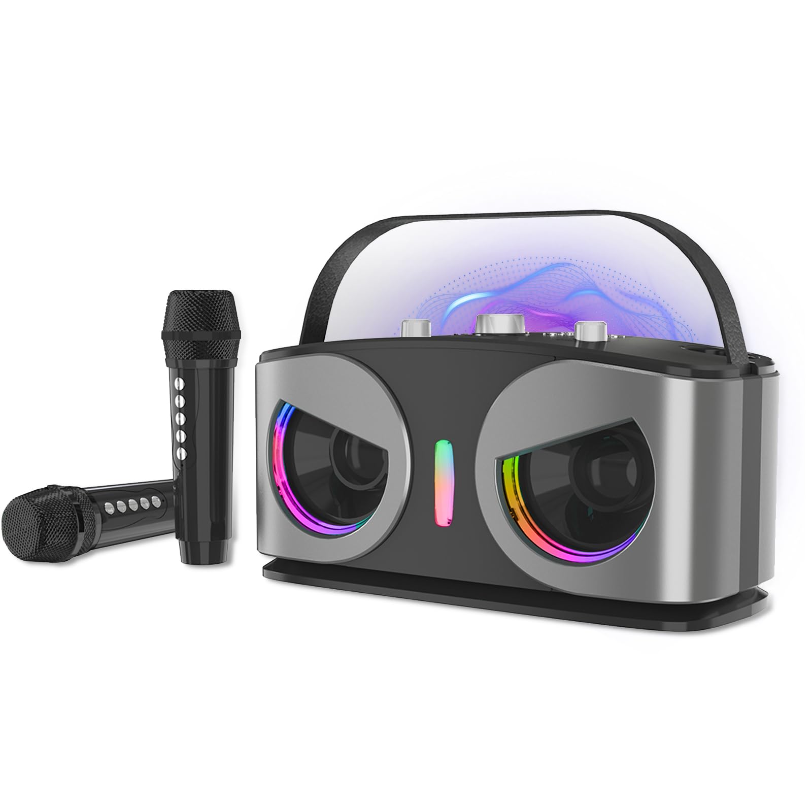 

Караоке-набір HolyCrab [Новий дизайн] з покращеними високими та низькими частотами, Bluetooth 5.3, двома бездротовими мікрофонами, подвійними пасивними випромінювачами, RGB LED ритмом