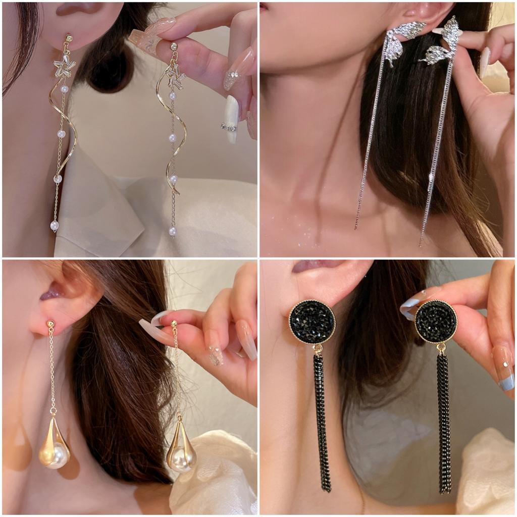 New Fashion Long Drop Earrings for Women Flower Star Moon Heart Butterfly Wings Crystal Pearl Round Geometry Tassel Ear Zircon