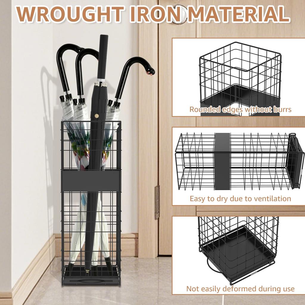 Umbrella Storage Stand Square Metal Hollow Umbrella Holder with Detachable Tray Umbrella Drain Rack for Entryway Home Office