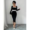Women Color Block Patchwork Square Collar Long Sleeve High Waist Midi A Line Dress