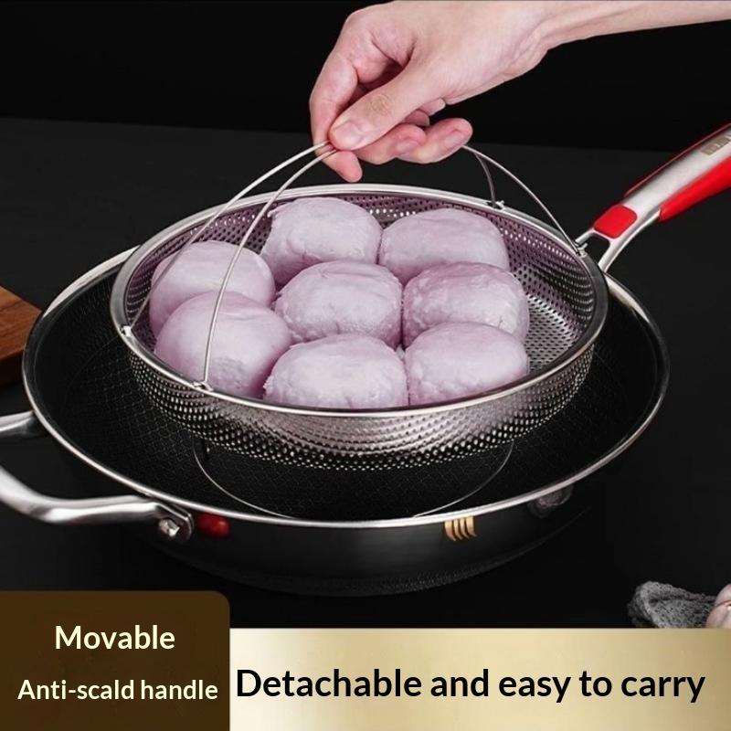 Stainless Steel Steamer Basket Dishwasher Safe Perforated Design with Removable Handle for Home Kitchen Steaming Veggie Egg Dumpling
