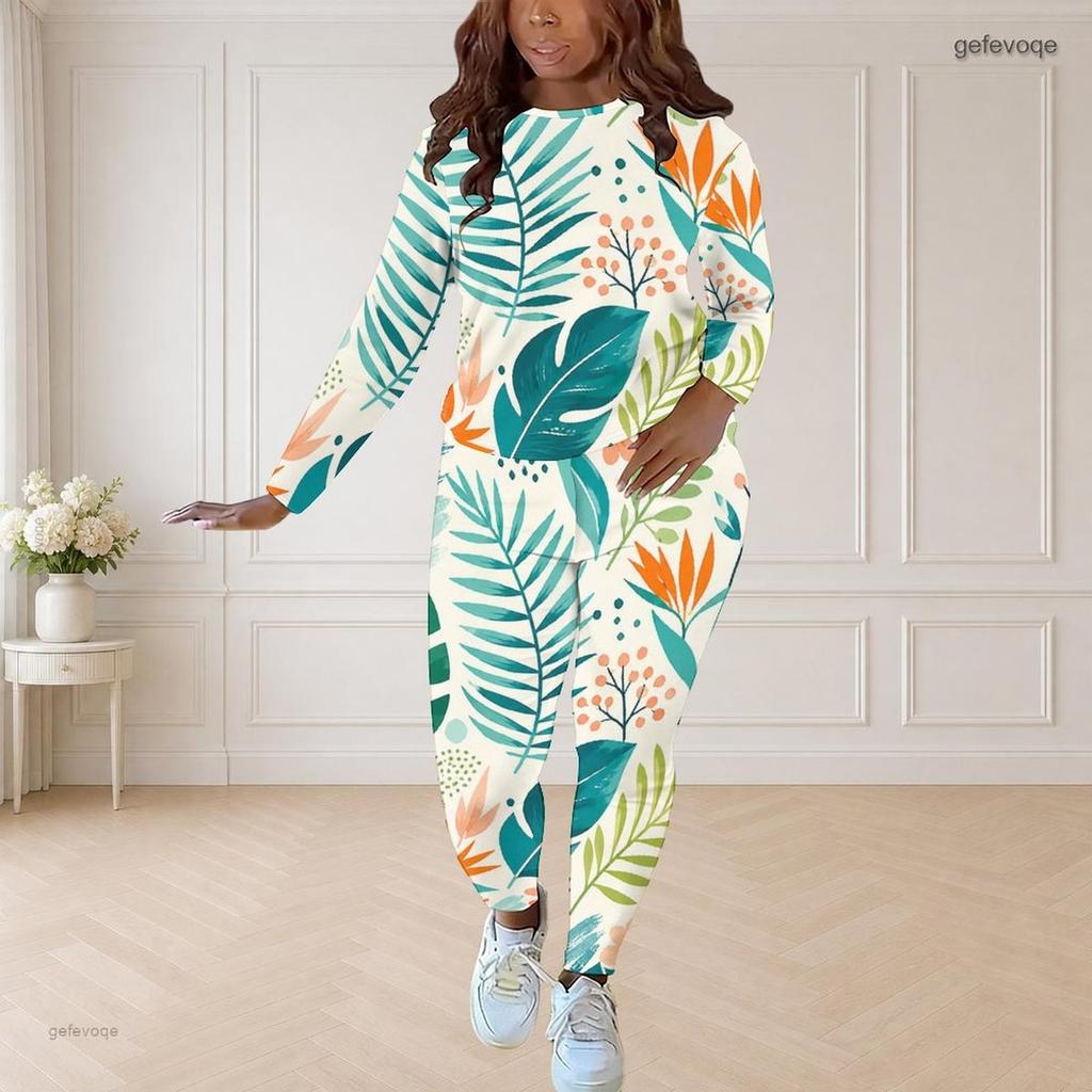 Women Plus Size Two Piece Pants Set Round Neck Long Sleeve Printed Top And Fitted Pants