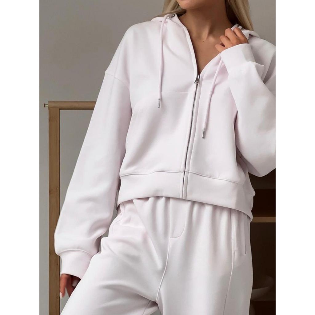 Women's New Zipper Hooded Sports Cardigan with Tie Up Pants Two-piece Casual Set