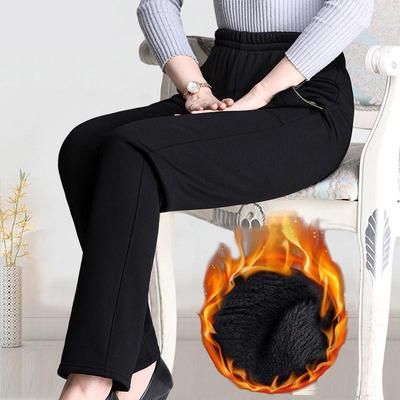 Dámske zamatové nohavice s vysokým pásom a rovnými nohavicami - Jeseň/Zima, Hrubé čierne nohavice pre stredný vek a staršie.