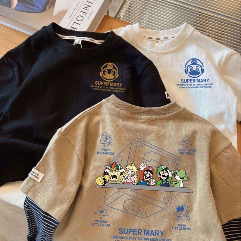 Boys Spring Autumn Cotton Fake Two Piece Long Sleeve T Shirt Loose Fit Stylish Cool Top