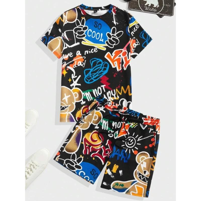 Summer Casual Short Sleeve Set Loose  Men s 2 Piece Fashion Hip Hop Pattern Printed XXS