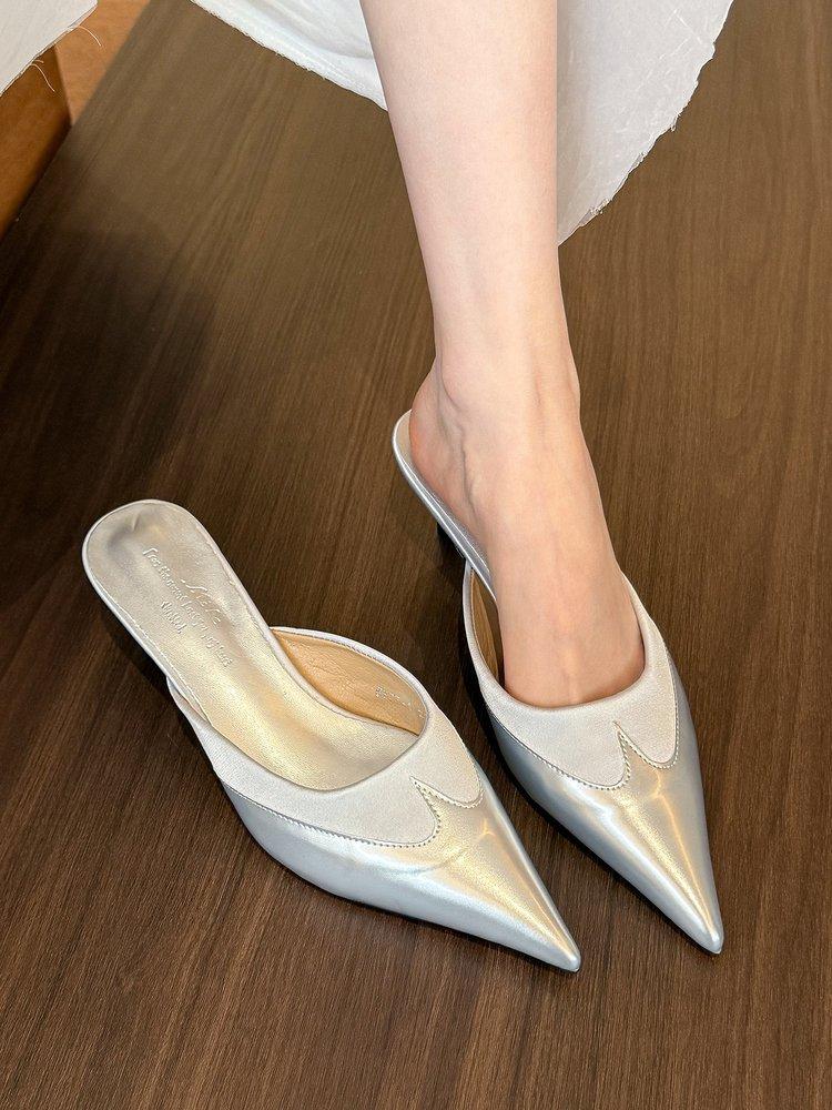 2025 Spring and Summer New European and American Color Matching Pointed High Heels Temperament Bag Head Cool Slippers Women's Thin Medium Heel Half D