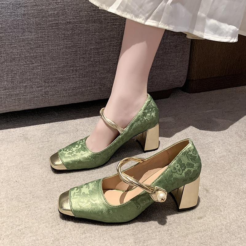 

Туфли на высоком каблуке с новым квадратным носком и толстым каблуком, одинарные туфли с открытым верхом в стиле ретро Мэри Джейн для женщин 40 зелёный