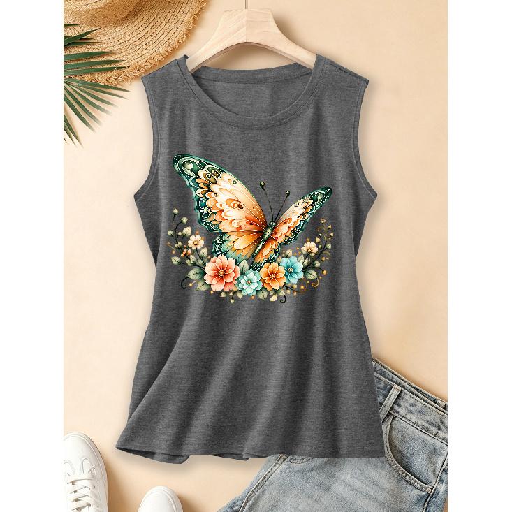 2026 Vintage Watercolor Pastoral Floral Green Butterfly Print Women Sleeveless Vest Round Neck Daily Commute Spring Summer Autumn Tank Top