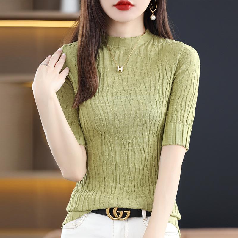 Women's Slim Fit Mid-Sleeve Knitted Shirt - Soft Half Turtleneck for Early Autumn 2024