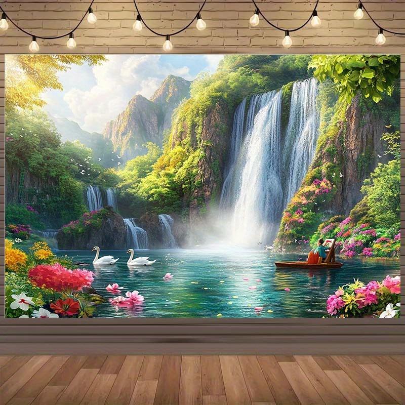 2D banner 1 piece waterfall scene background tree-lined peaceful river suitable for weddings parties and photography