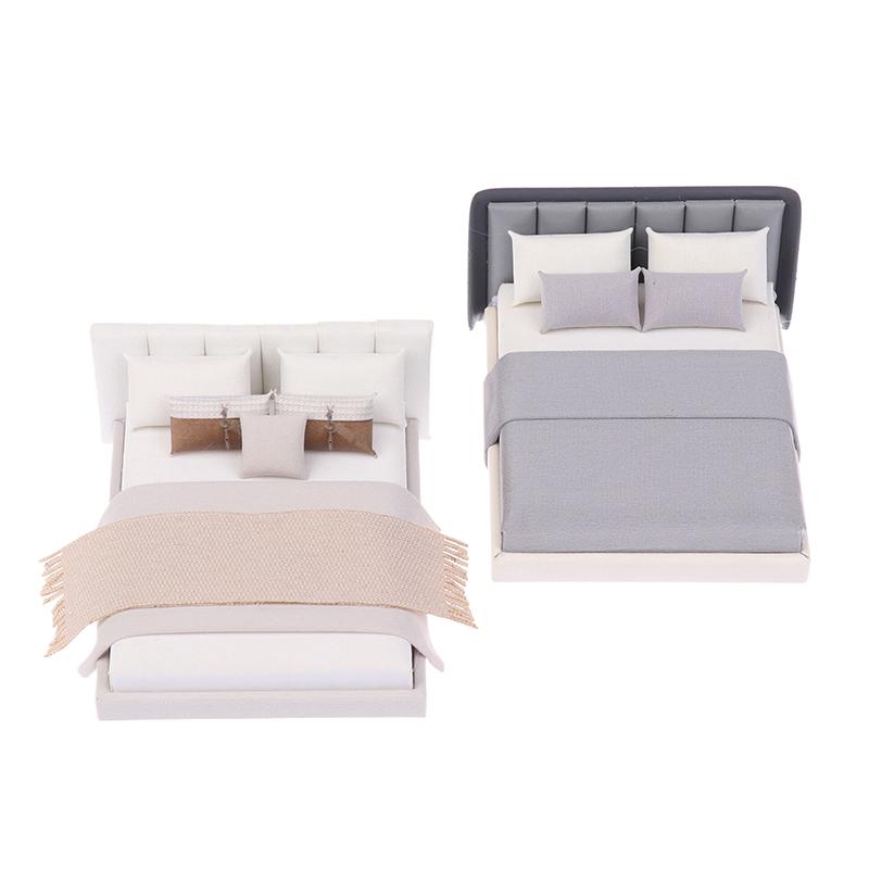 Dollhouse New Cream Style Double Bed Model Micro Scene Model Miniature Furniture Dolls Accessory Simulated Furniture Ornament