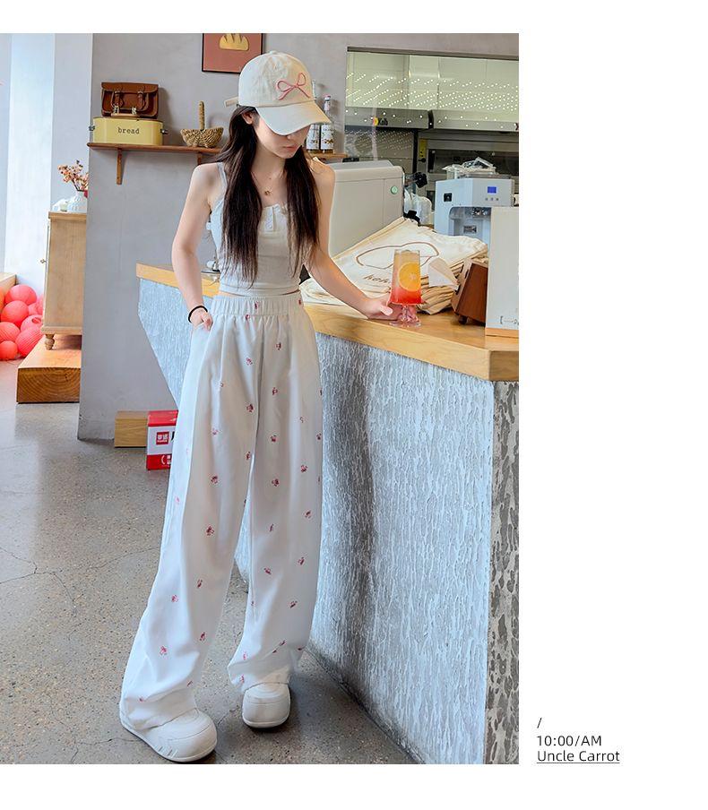 White Floral Yamamoto Women's Slim Straight Wide-Leg Bow Pants - 2025 Summer Collection.
