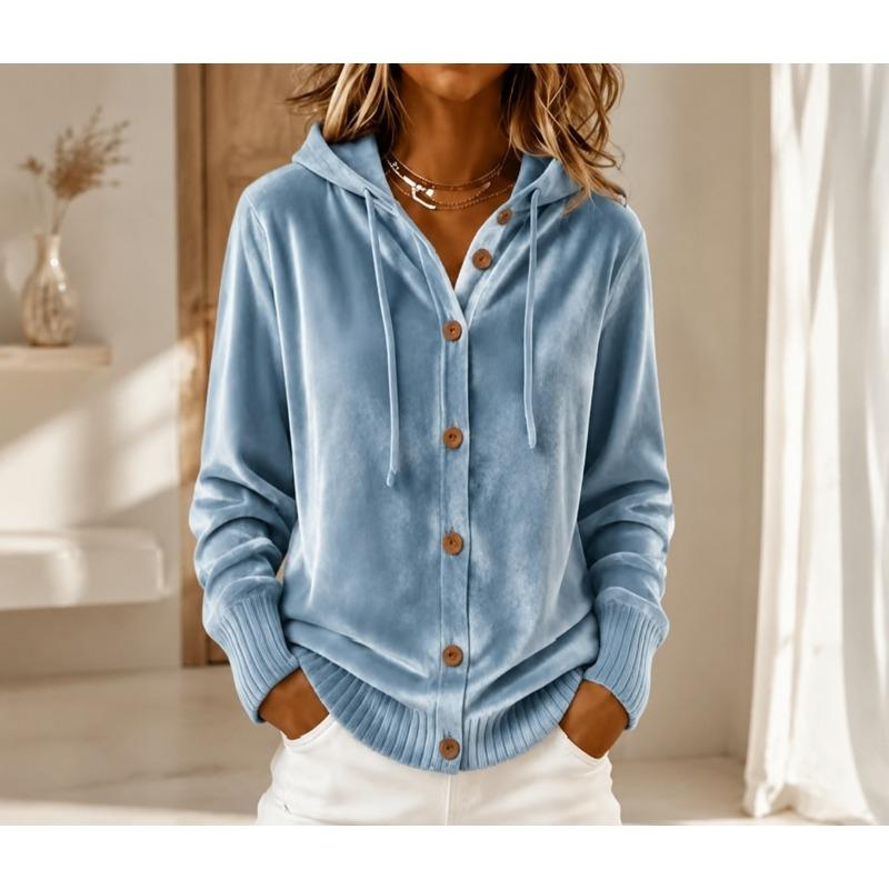 Velvet Hooded Button Cardigan Coat Solid Color Long Sleeve