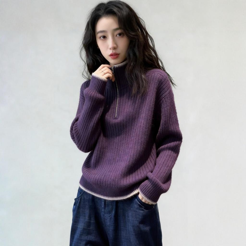 Women's Sporty Grape Purple Striped Half-Zip Sweater - Autumn 2026 Korean Style
