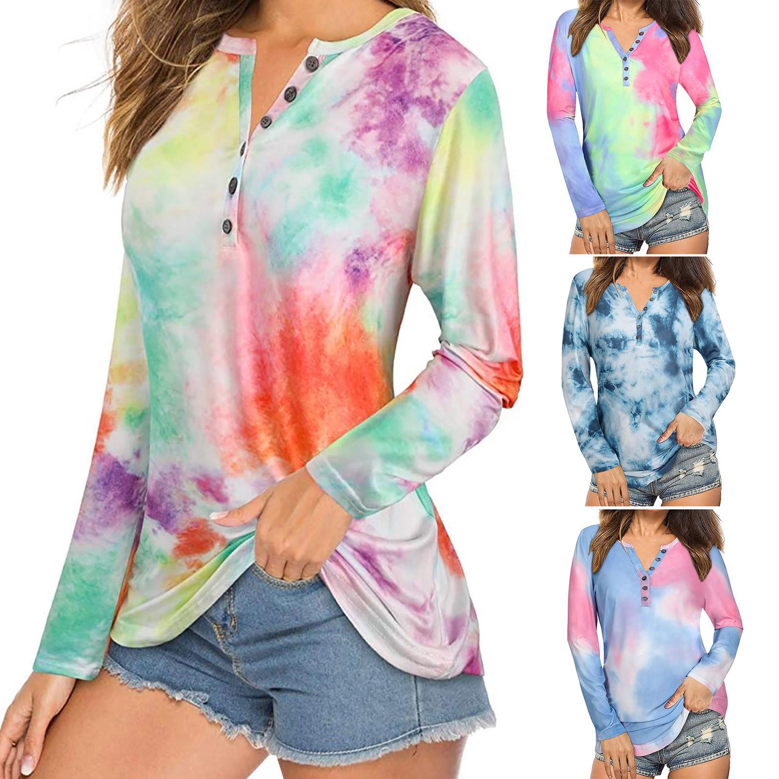 

Женская футболка с принтом с галстуком и свободными пуговицами и длинными рукавами