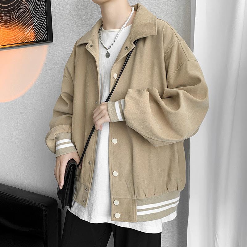 

Baseball jacket Men s spring thickened trendy brand solid color lapel jacket Hong Kong style loose retro new student top M