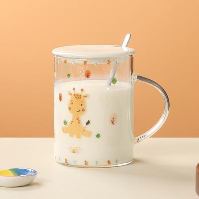 Öffnendes kleines Geschenk Glasbecher mit Deckel Löffel Wasserbecher Cartoon Niedlicher Tierbecher Hochtemperaturbeständig Souvenir Hochborosilikatglas