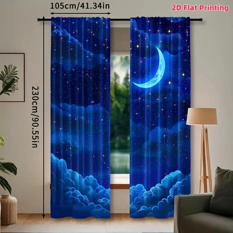 Stars Moon Print Curtains Suitable Bedroom Living Room Kitchen Decoration Home Window Curtain Set Of 2 Made Polyester Washable Area Ready