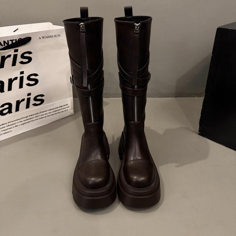 

Женские сапоги с большим обхватом голенища, сапоги Майяра для полных ног, но ботфорты 2025 новые толстые высокие сапоги-рыцари 40 коричневый