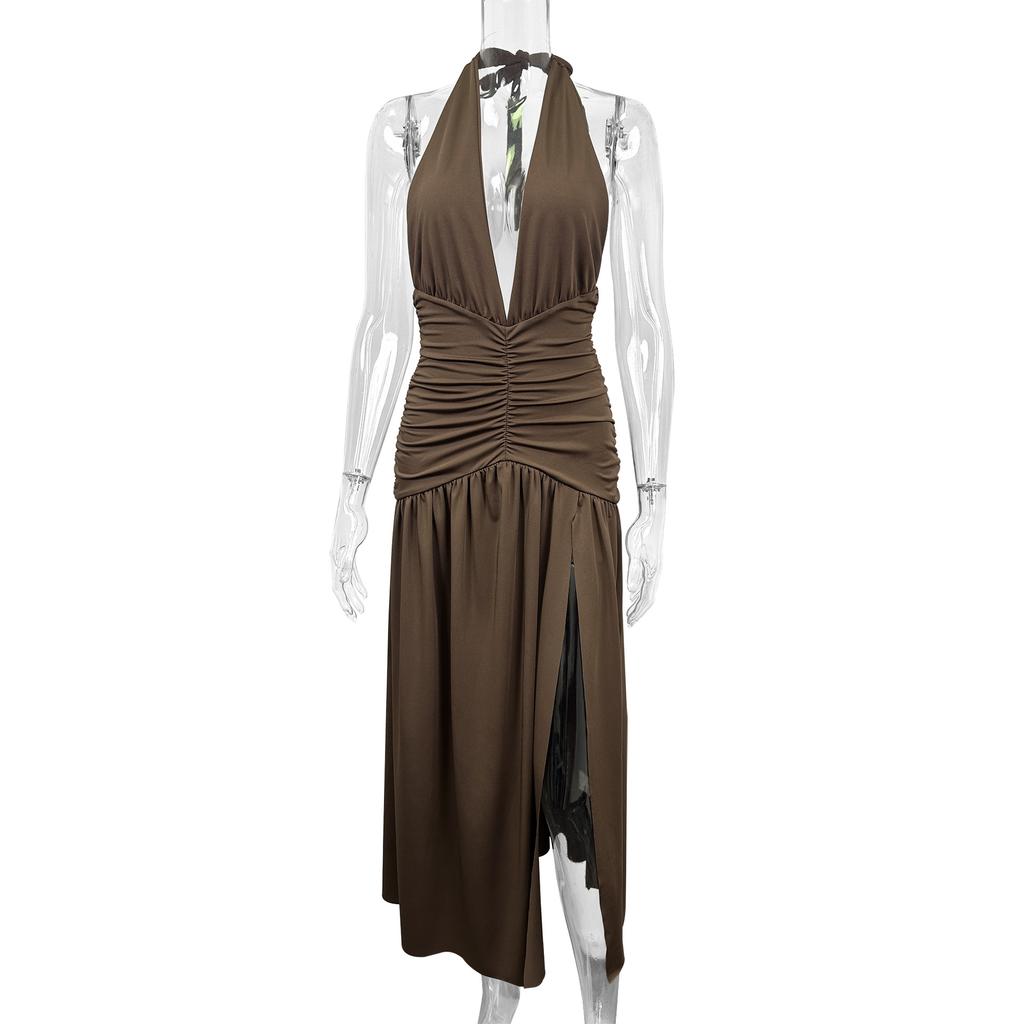 Women Summer Casua Halter Backless High Splice Solid Color Evening Party Dress