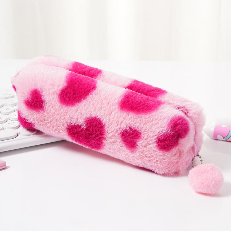 Leopard Heart Plush Pencil & Makeup Bag for Students