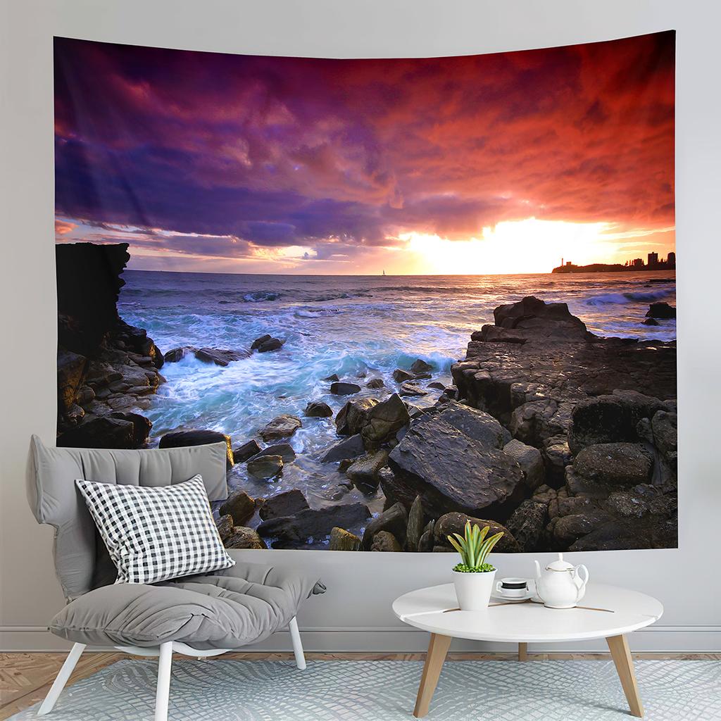 Sunset Beach Tapestry Ocean Waves Tapestry Golden Sky Tapestry Home Living Room Bedroom Dorm Wall Hanging Decorative Blanket