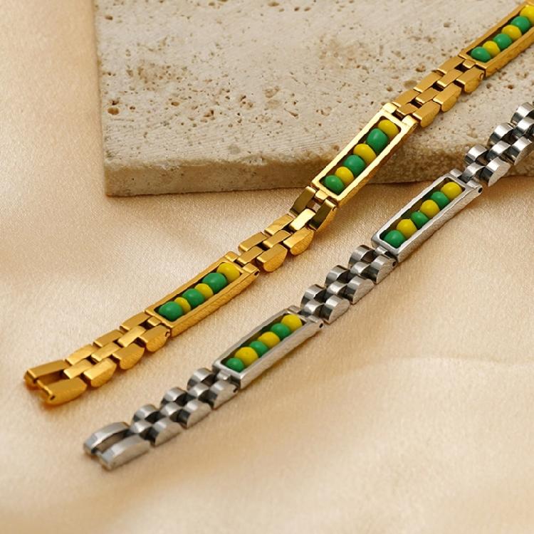 Casual Outfit Beaded Bracelet, Stainless Steel Tone Link Wrist Bangle with Green Yellow Rectangular Bead Inlays