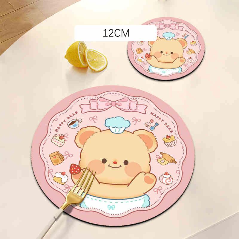 Cute Bear Rubber Coaster Round Heat Insulation Anti Slip Cup Mats Absorbent Reusable Pad Kitchen Items Accessories Decoration