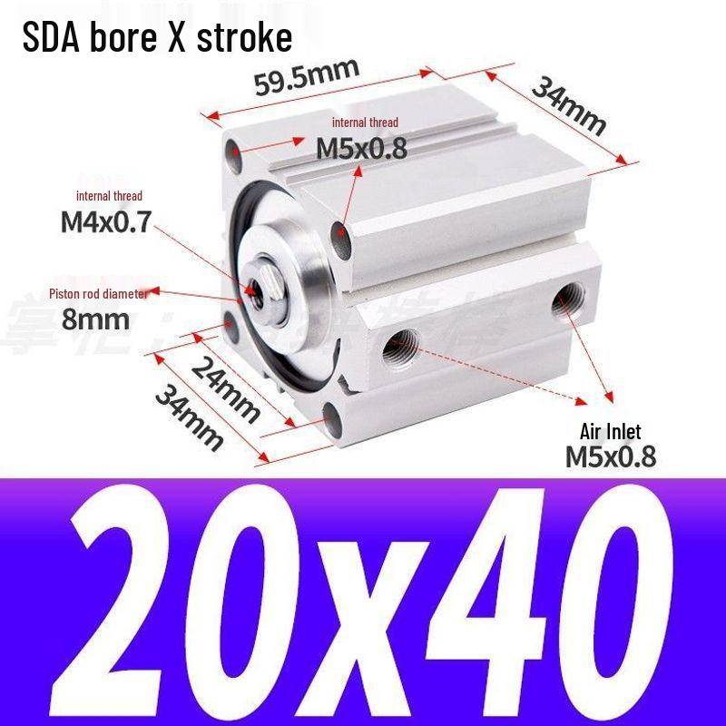 SDA Mini Pneumatic Cylinder, High Thrust, Thin Type, Bore Sizes 20/25/32/40/50