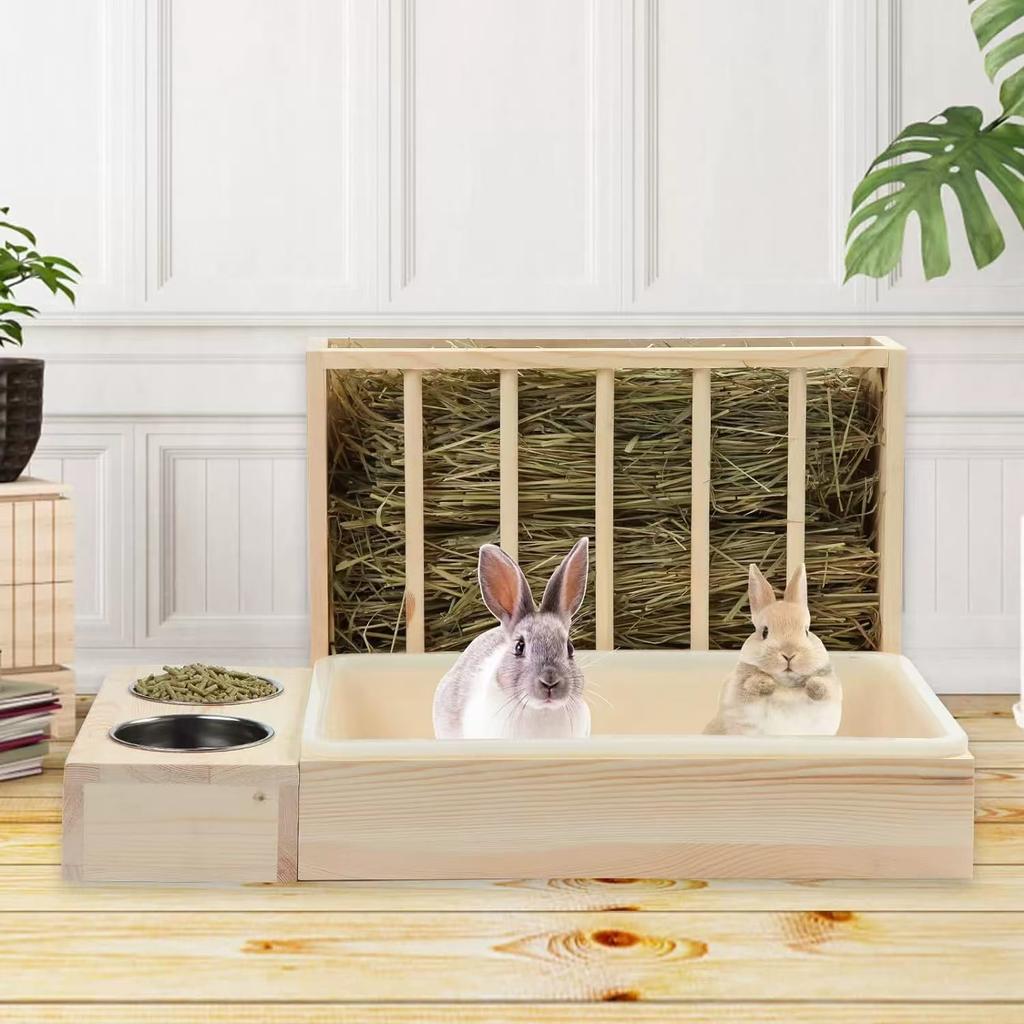 Hasenfutterspender, Futterkrippe, Heu, Holz, Kaninchen, Heu-Futterspender mit Katzentoilette für Hamsterkäfig, Zubehör für Hasen, Kleintiere, Meerschweinchen