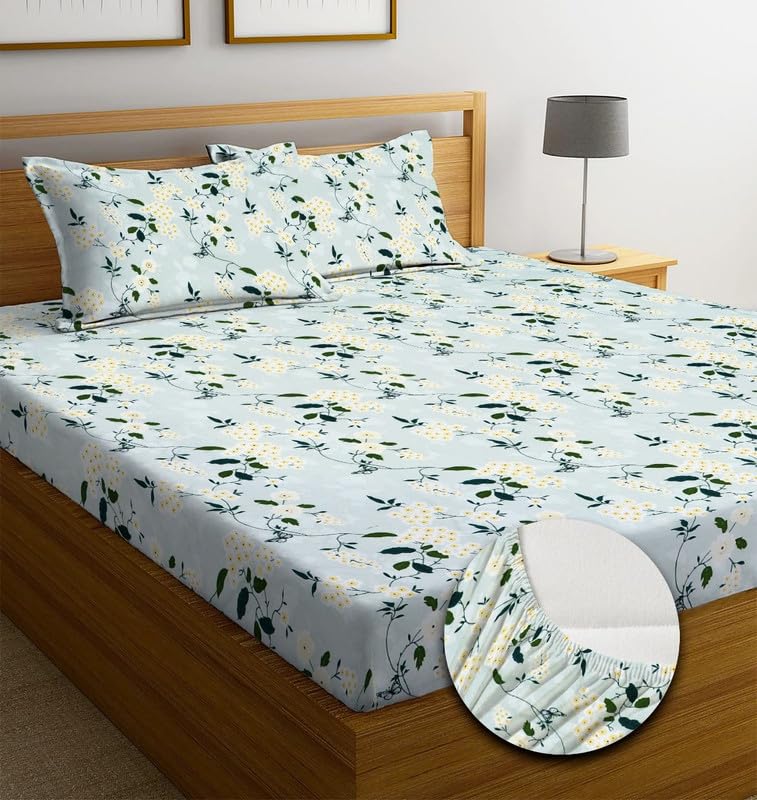 Premium Cotton Elastic Fitted Bedsheets  | Size: Bedsheet - 198.12CM x 182.88CM + 25.4CM (Drop) Pillow Cover -  46 cm x 68 cm