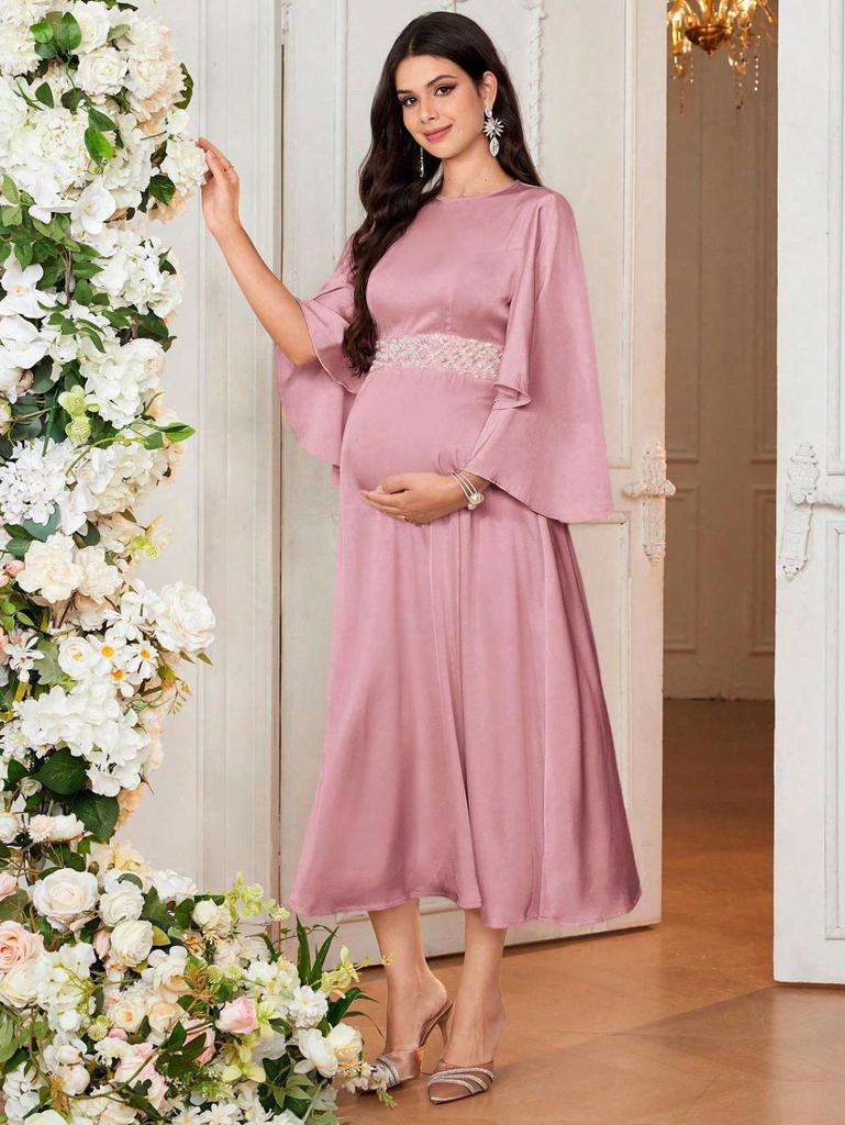 Elegant Flare Sleeve Round Neck Maternity Dress