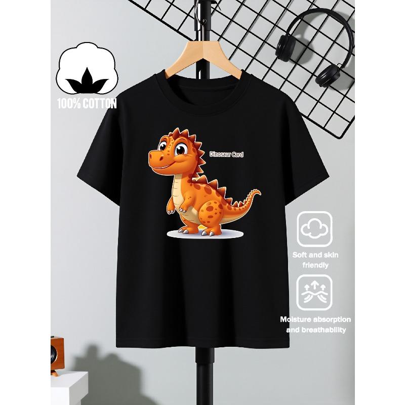 European sizes Boys' Cotton T-shirt Cute Orange Dinosaur with Spikes , Ideal for Outdoor Activities, Soft Knitted Top, Comfortable And Breathable
