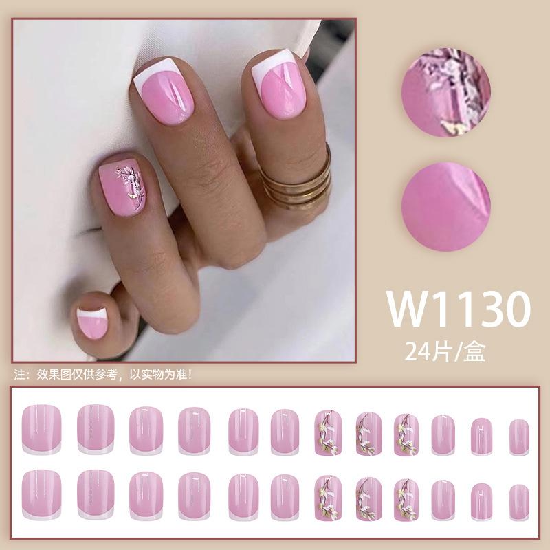 

24 шт. Минималистский стиль, белые французские маленькие живые цветы, нарисованные листья, маленькие цветы, накладные ногти, наклейки для ногтей