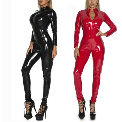 Women's Shiny Patent Leather Cutout Front Bodysuit Lace-up High Neck Zipper Slim Fit Catsuit