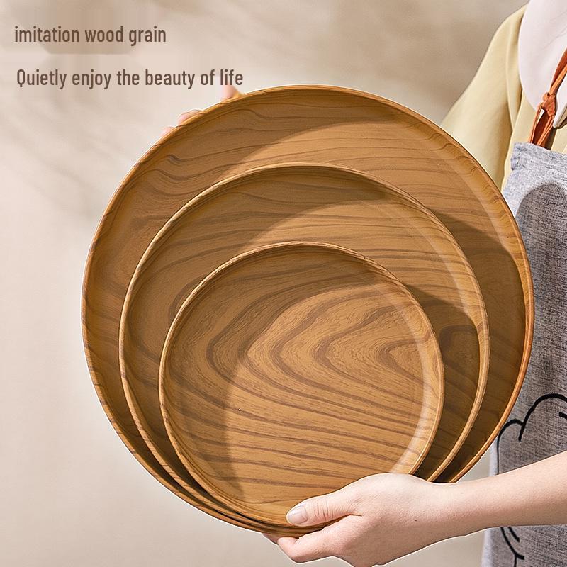 Cross-Border Wood Grain Food-Grade Anti-Slip Large Round Tray for Tea Cups, Home & Commercial Serving & Fruit Display.