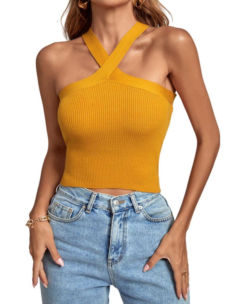 2024 Spring/Summer Women's Knitted Backless Cross Halter Strap Bralette Sweater Tank Top