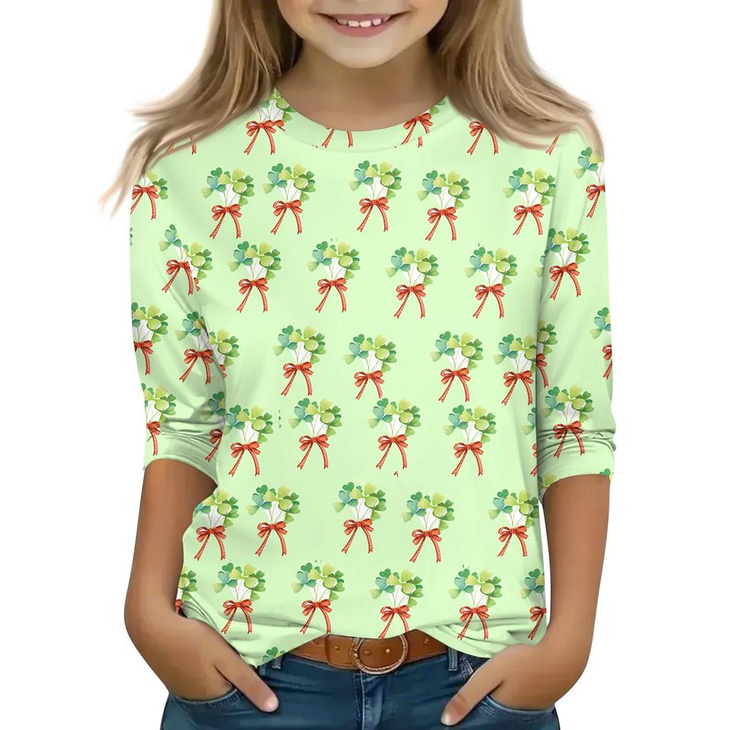 Bedruckte Oberteile für junge Mädchen von 5–16 Jahren, Rundhalsausschnitt, 3/4-Ärmel, T-Shirts, trendige Oberteile, Outfit-T-Shirts